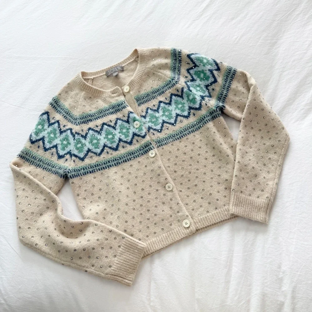 J.Crew Crystal Embellished Fair Isle Merino Wool‎ Alpaca Cardigan Sweater Small